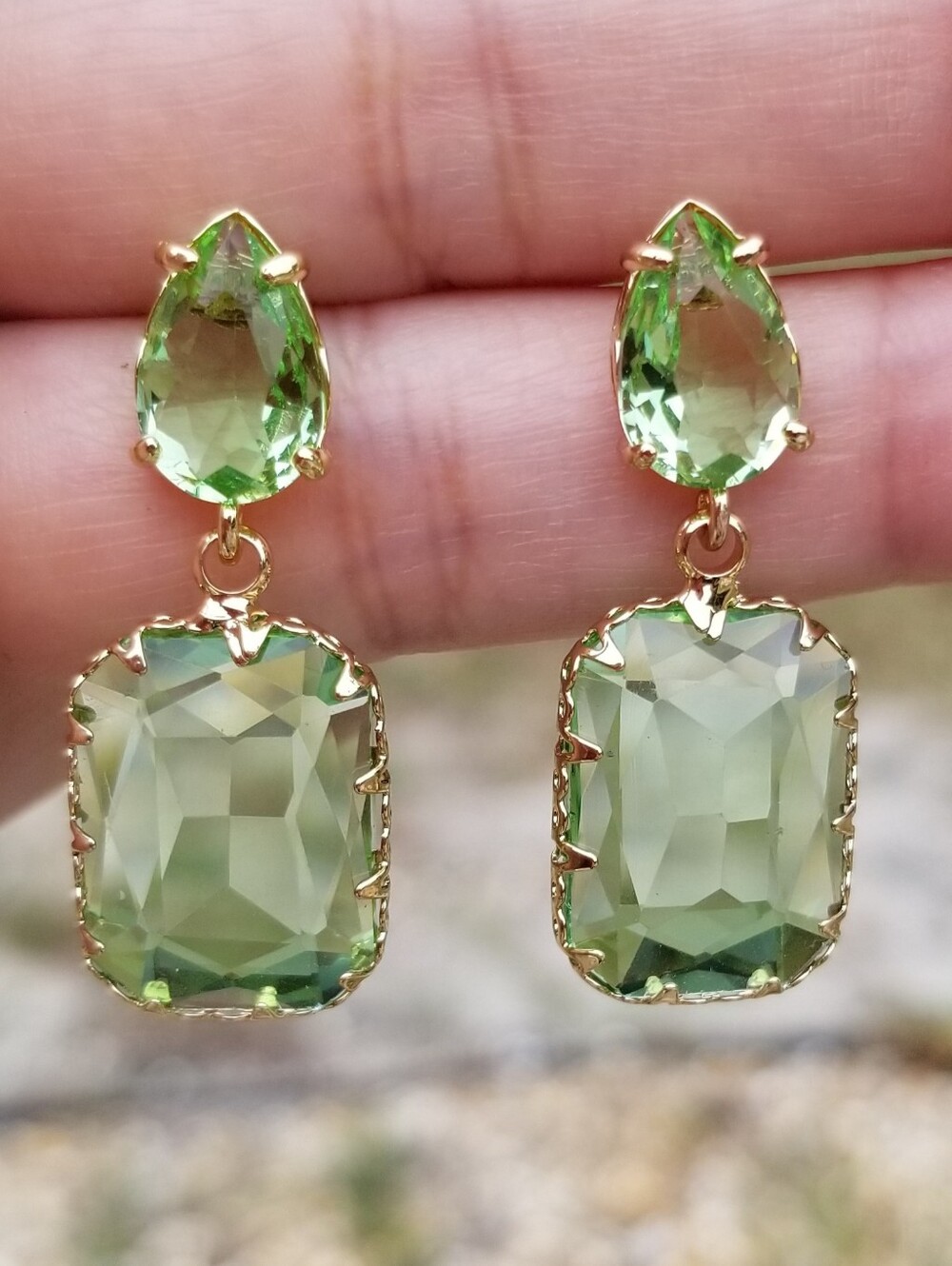 14k Gold Peridot Stud Earrings, Rectangular Peridot Dangle Earrings, Green Stone